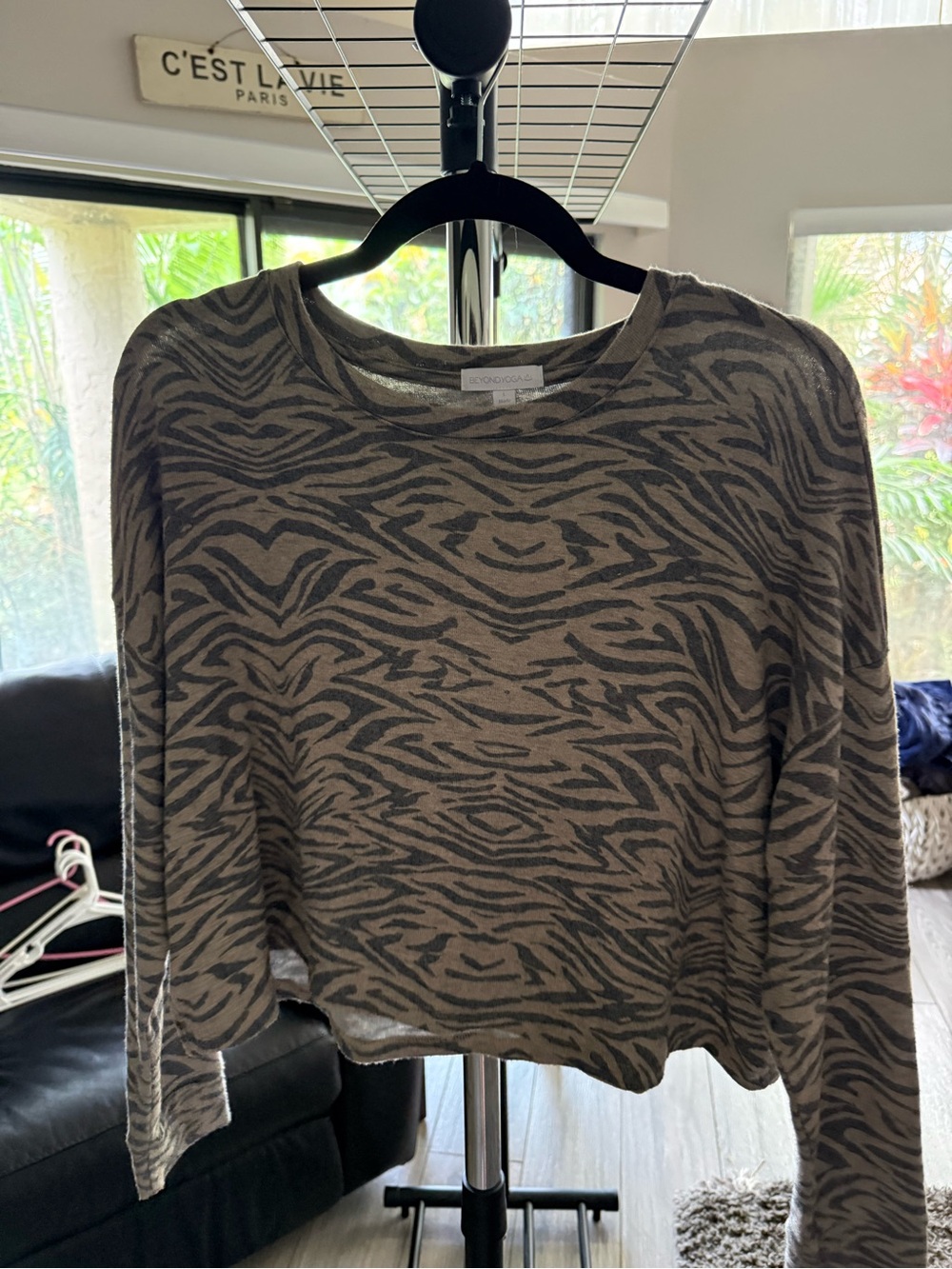 Beyond Yoga Taupe and Charcoal Zebra-Print Long Sleeve Top